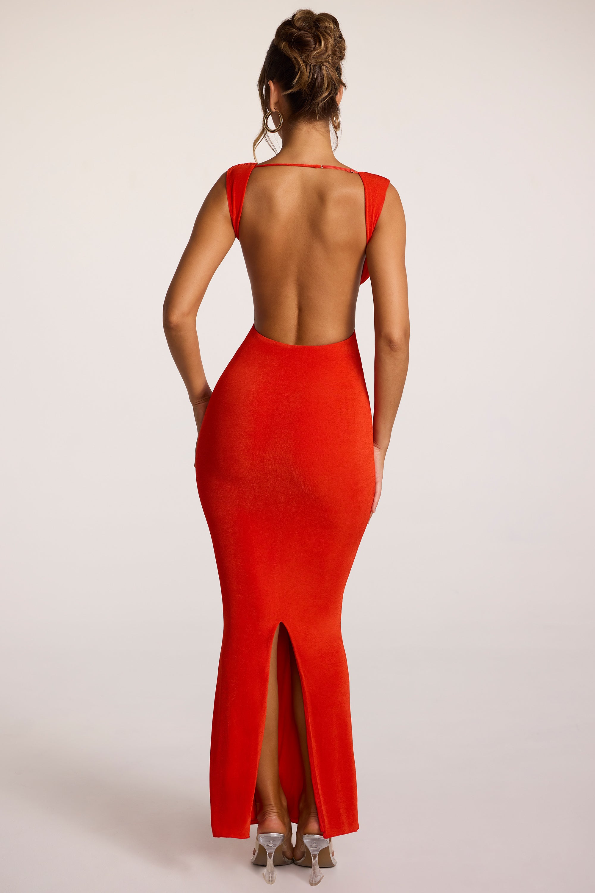 Textured Jersey Plunge Neck Maxi Dress in Fiery Red