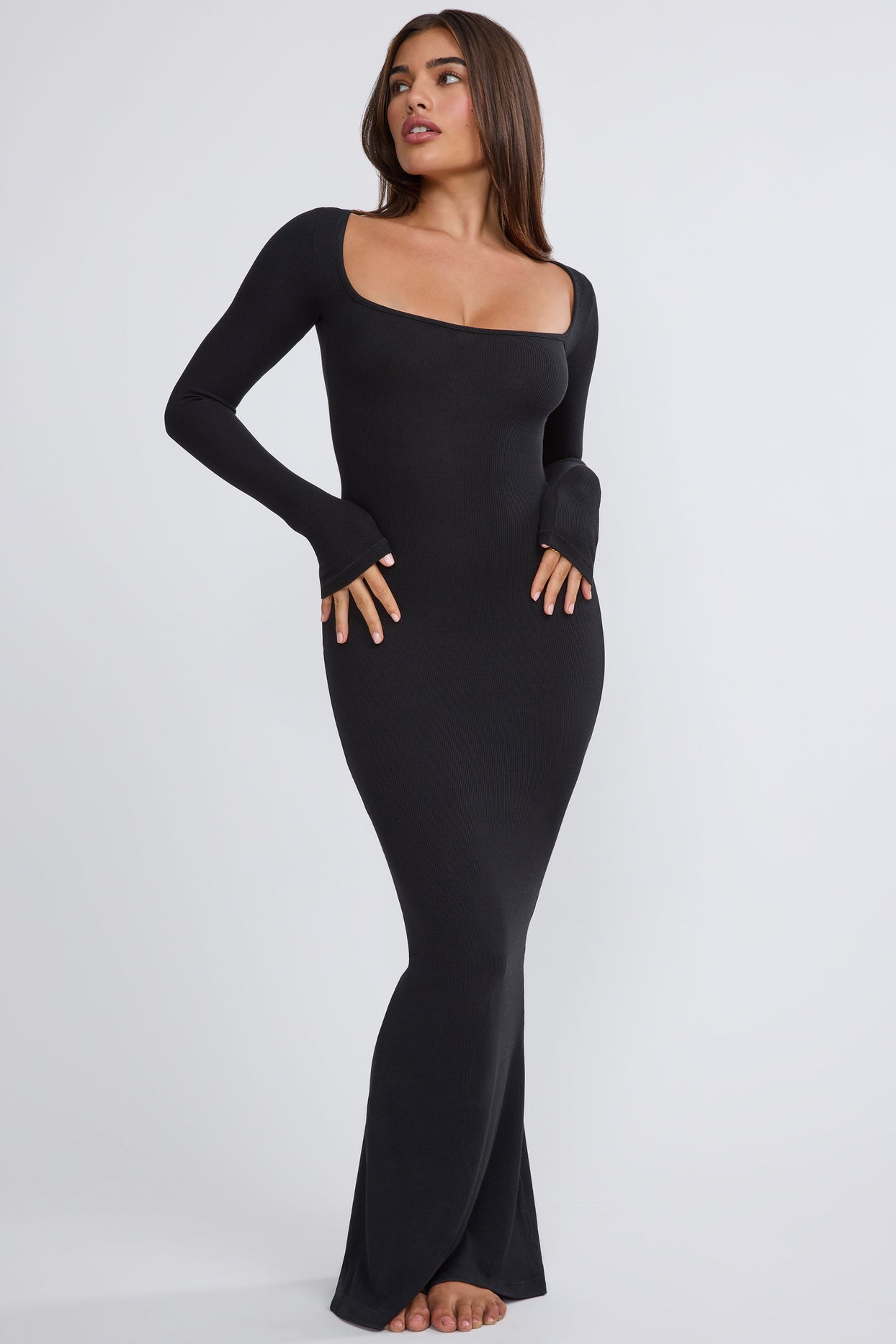 Ribbed Modal Long Sleeve Maxi Dress in Black