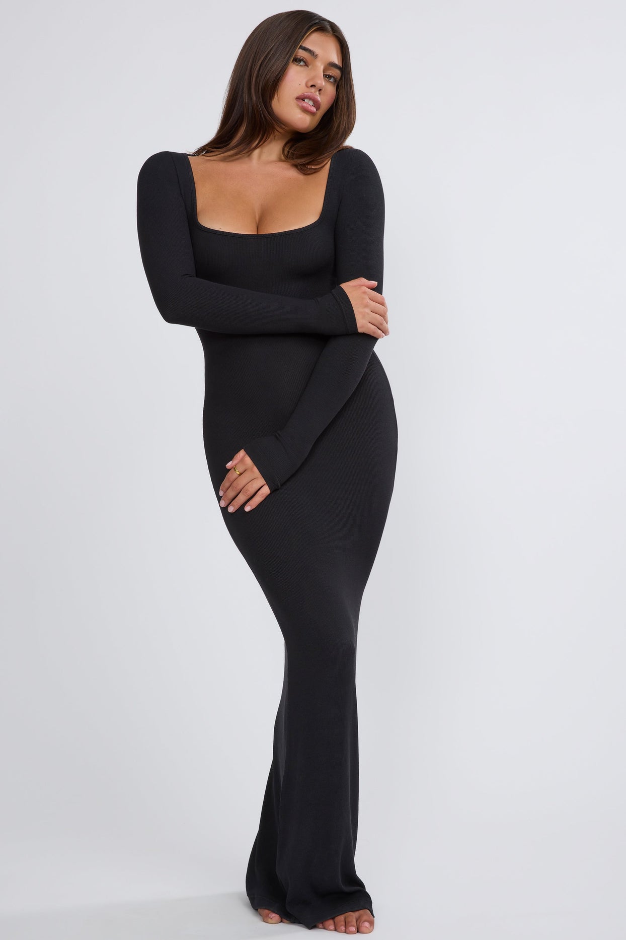 Ribbed Modal Long Sleeve Maxi Dress in Black