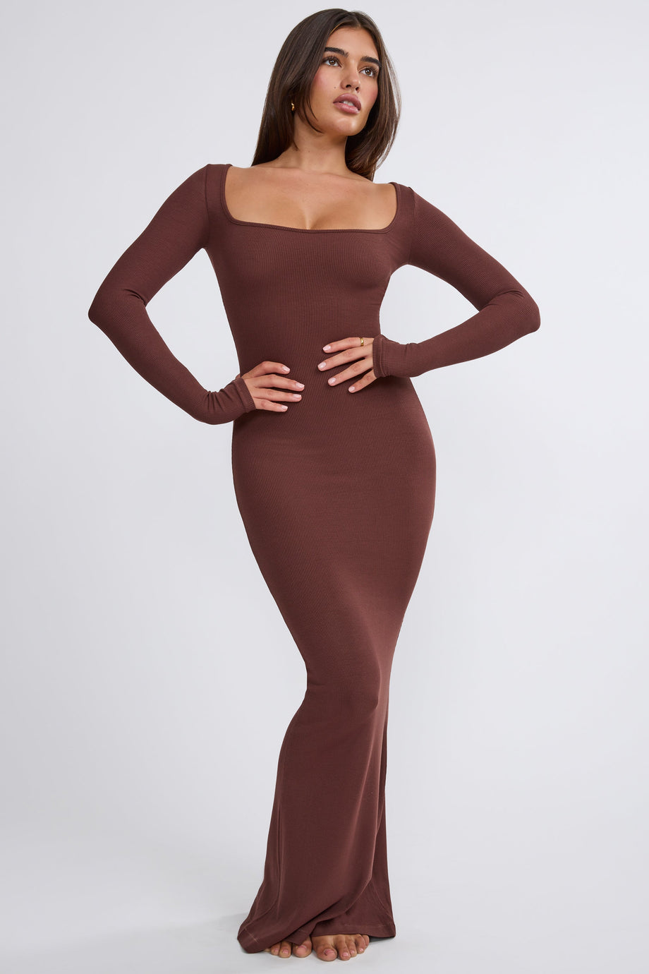 Ribbed Modal Long Sleeve Maxi Dress in Chocolate