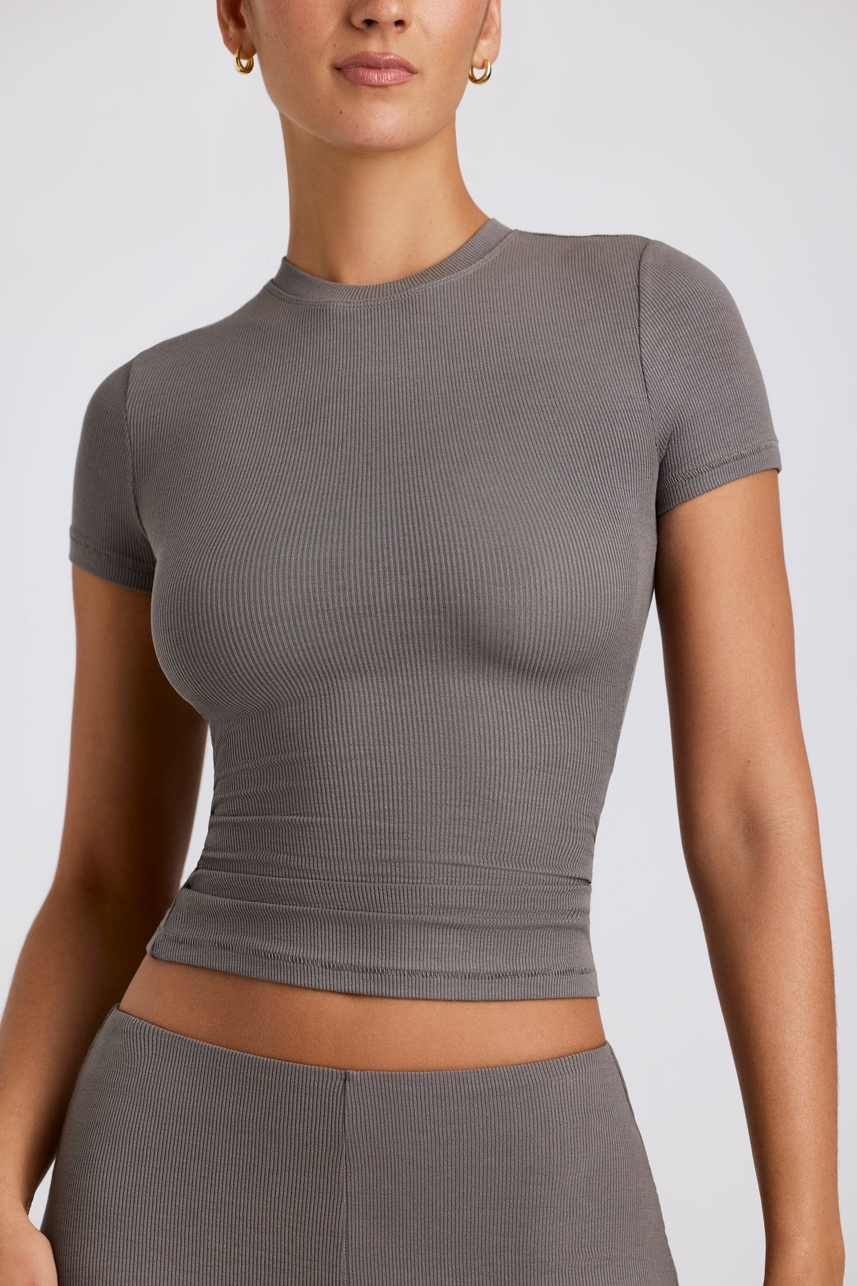 Ribbed Modal High Neck Top in Grey