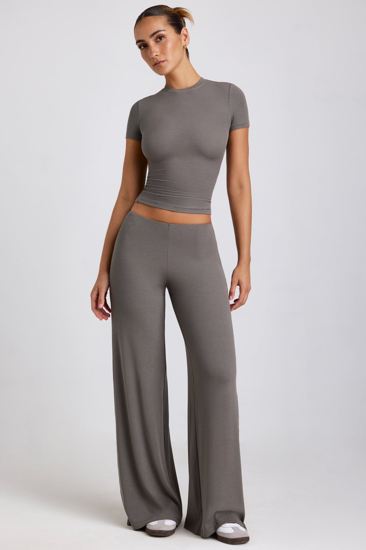 Ribbed Modal High Neck Top in Grey
