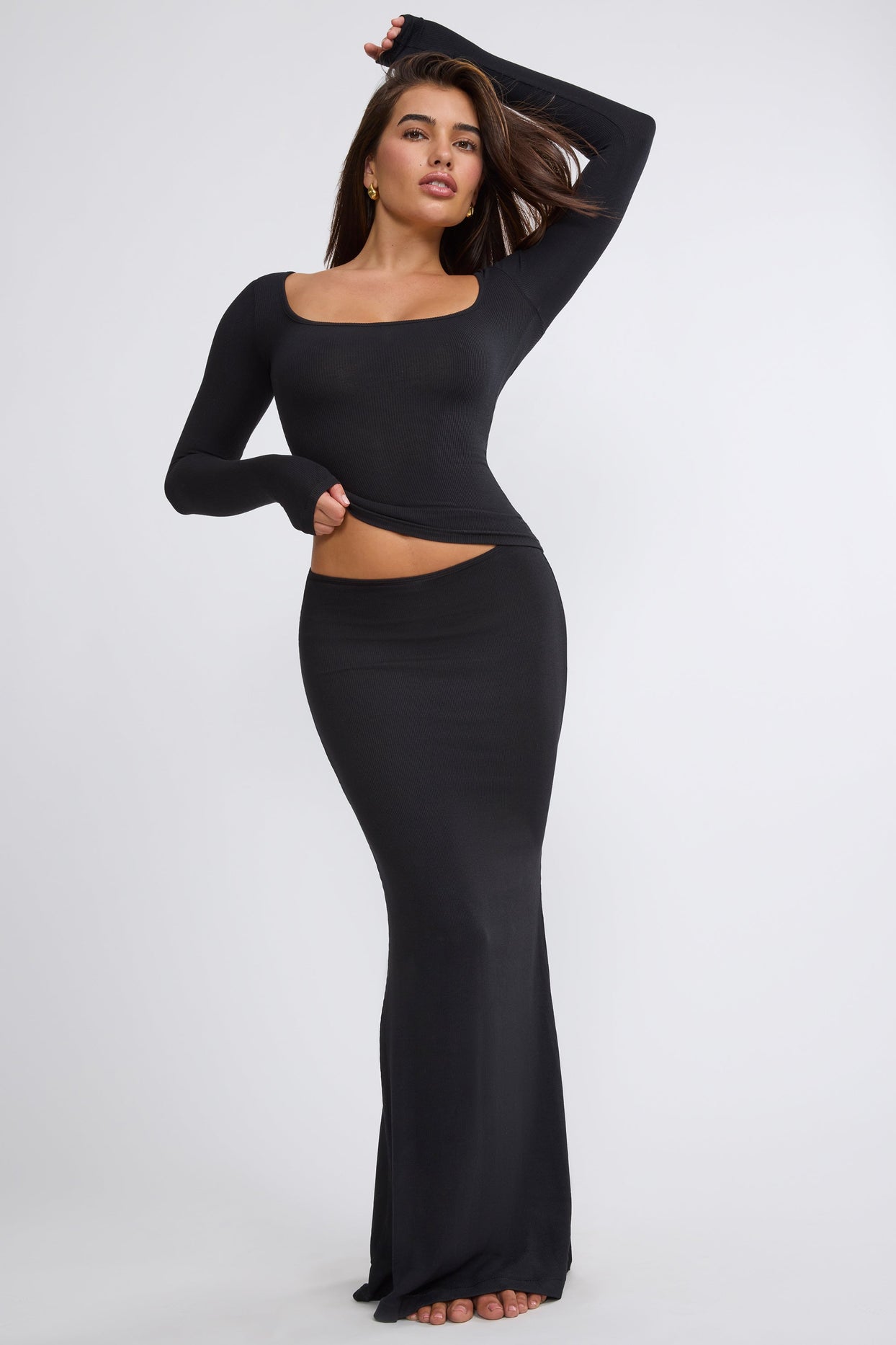 Ribbed Modal Square Neck Long Sleeve Top in Black