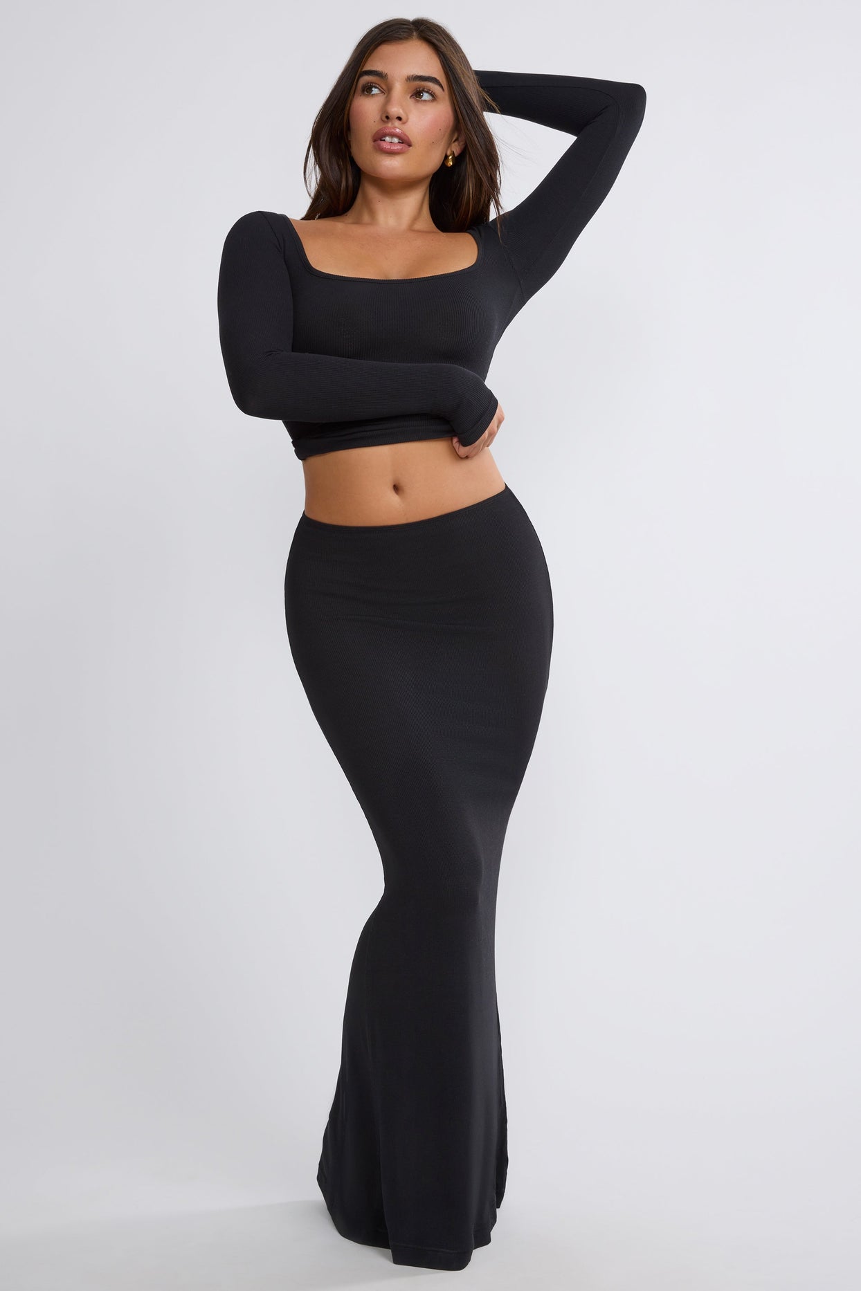 Ribbed Modal Mid Rise Maxi Skirt in Black
