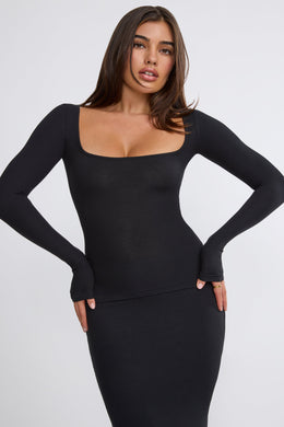 Ribbed Modal Square Neck Long Sleeve Top in Black