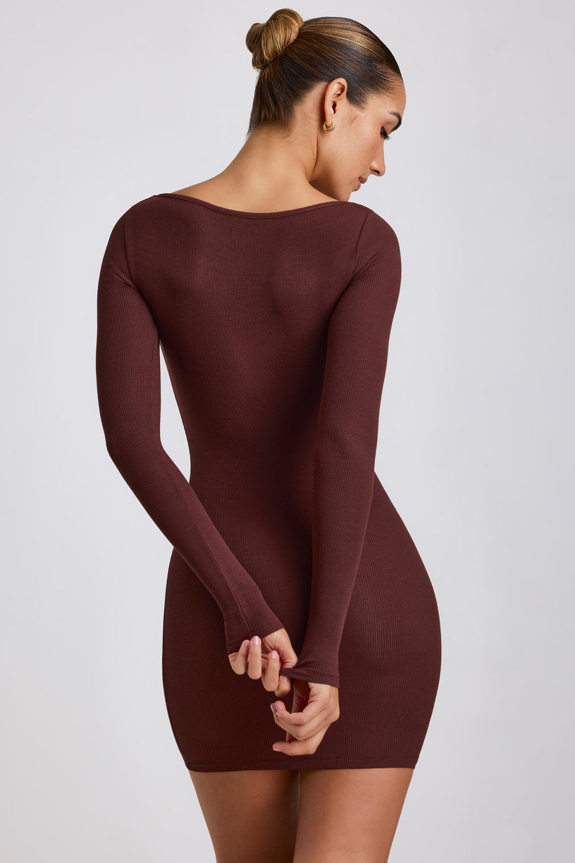 Ribbed Modal Long Sleeve Mini Dress in Chocolate - 2