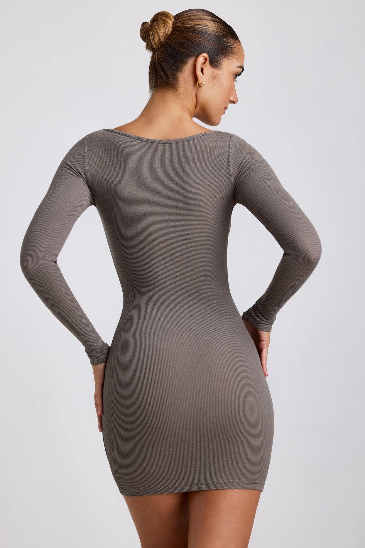 Sherine Ribbed Modal Square Neck Long Sleeve Mini Dress in Grey