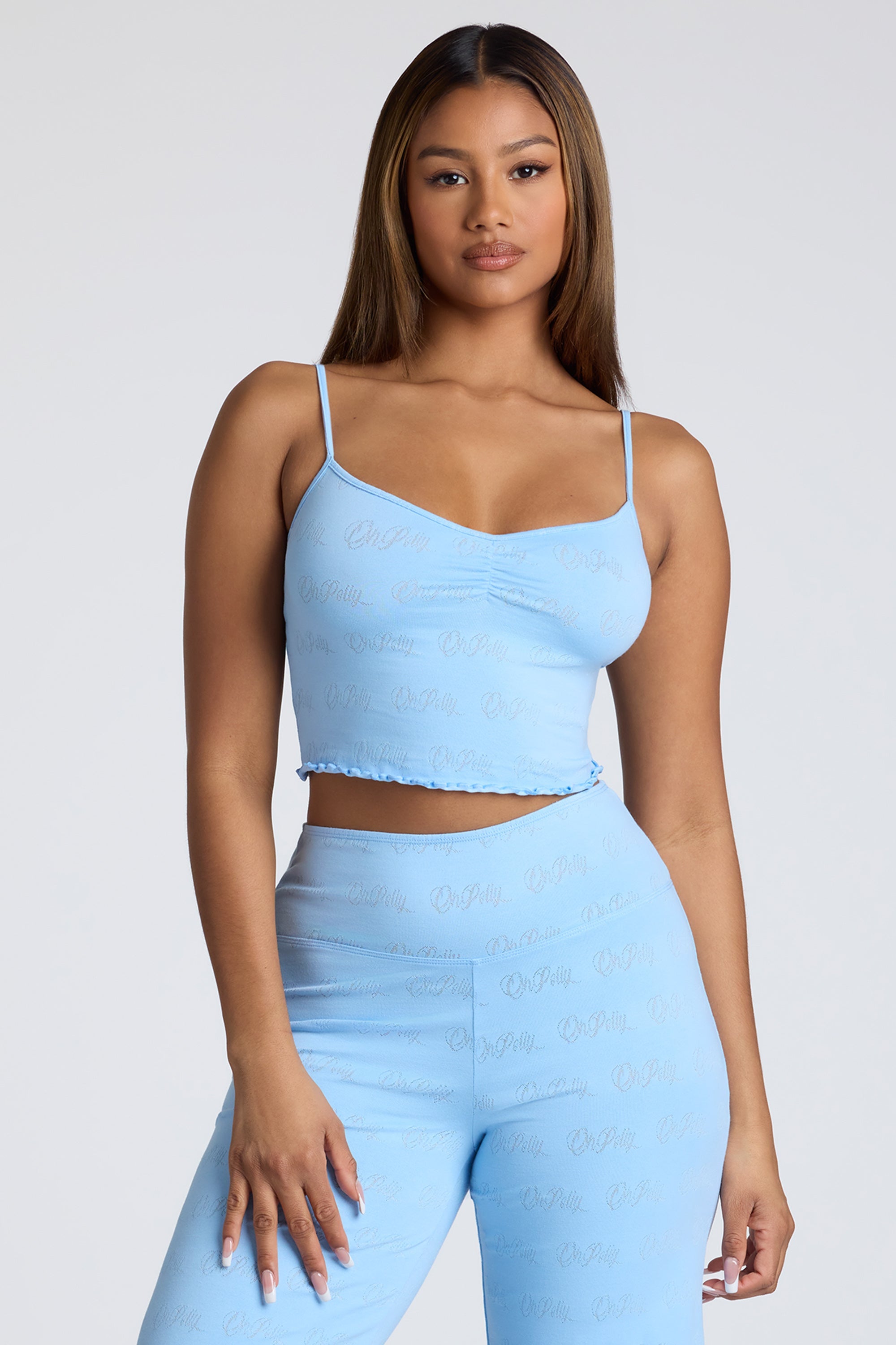 Loungewear Strappy Ruched Pointelle Crop Top in Baby Blue Oh Polly