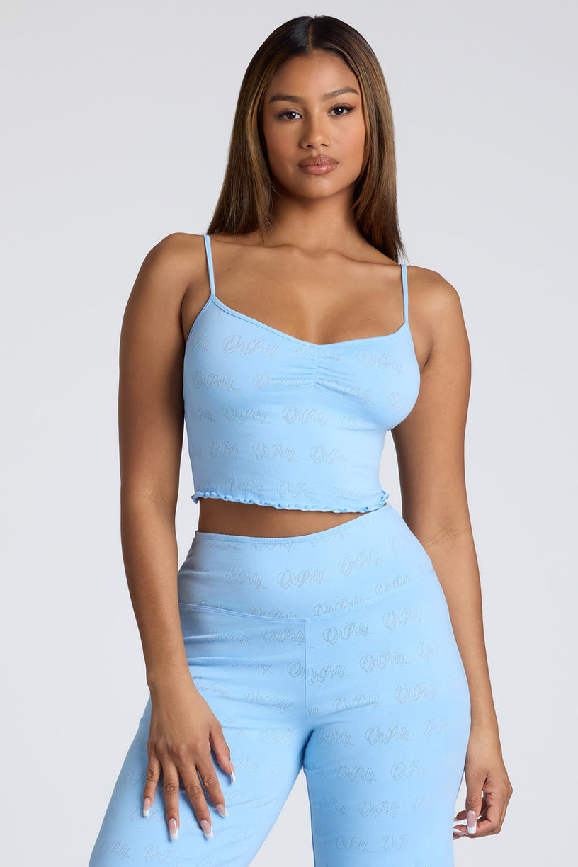 Strappy Ruched Pointelle Crop Top in Baby Blue - 1
