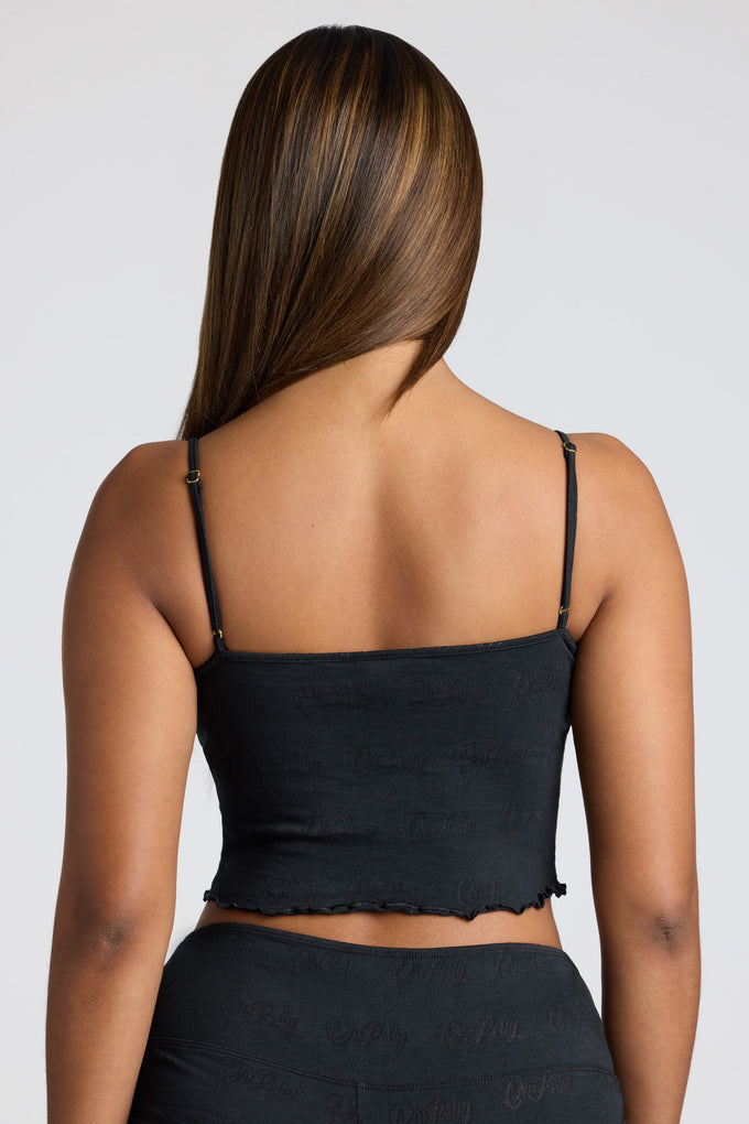Strappy Ruched Pointelle Crop Top in Black