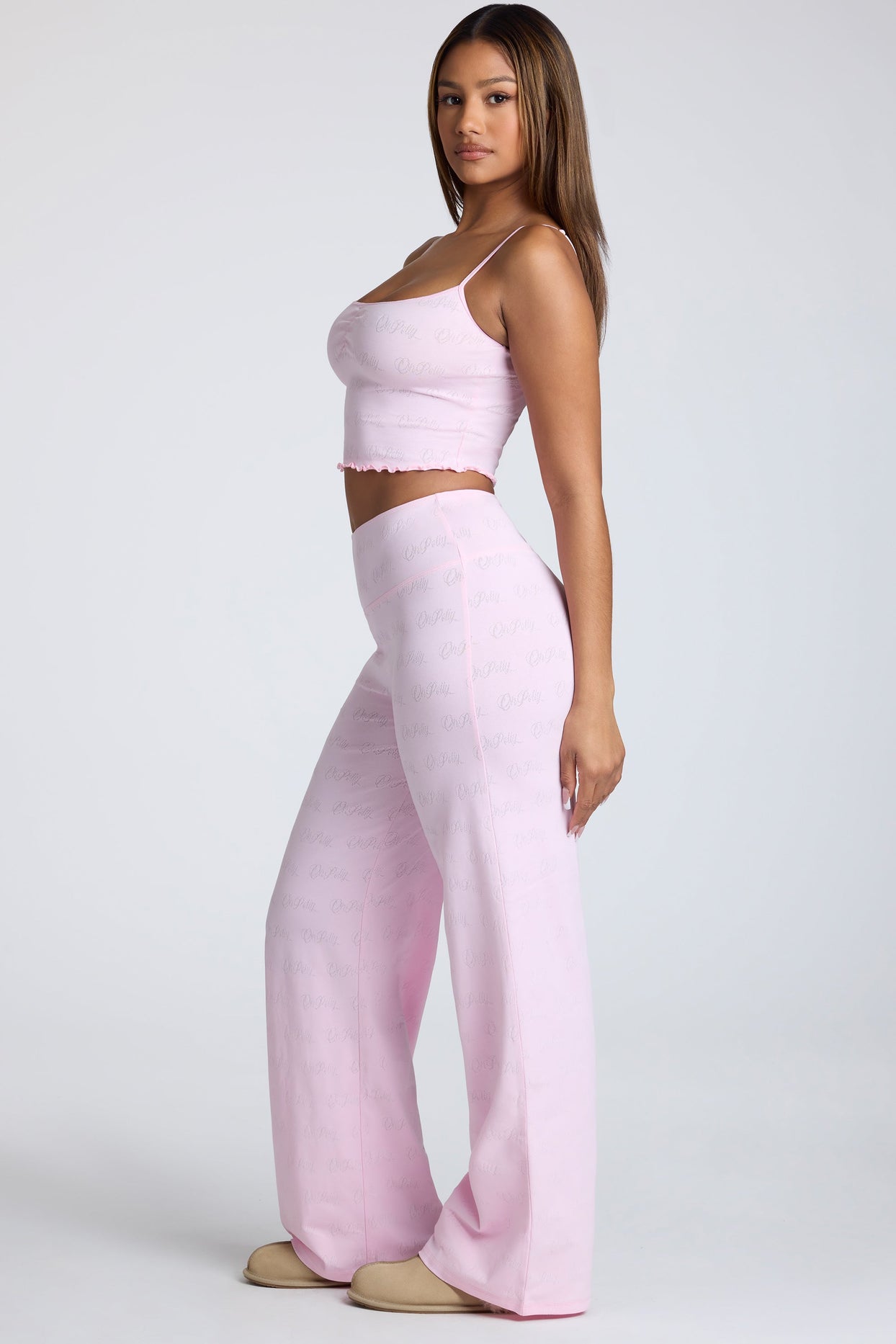 Petite Mid Rise Straight Leg Pointelle Trousers in Baby Pink