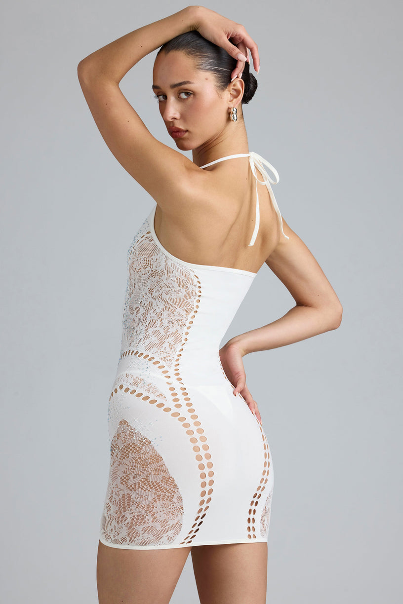 Embellished Halterneck Mini Dress in Ivory - 2