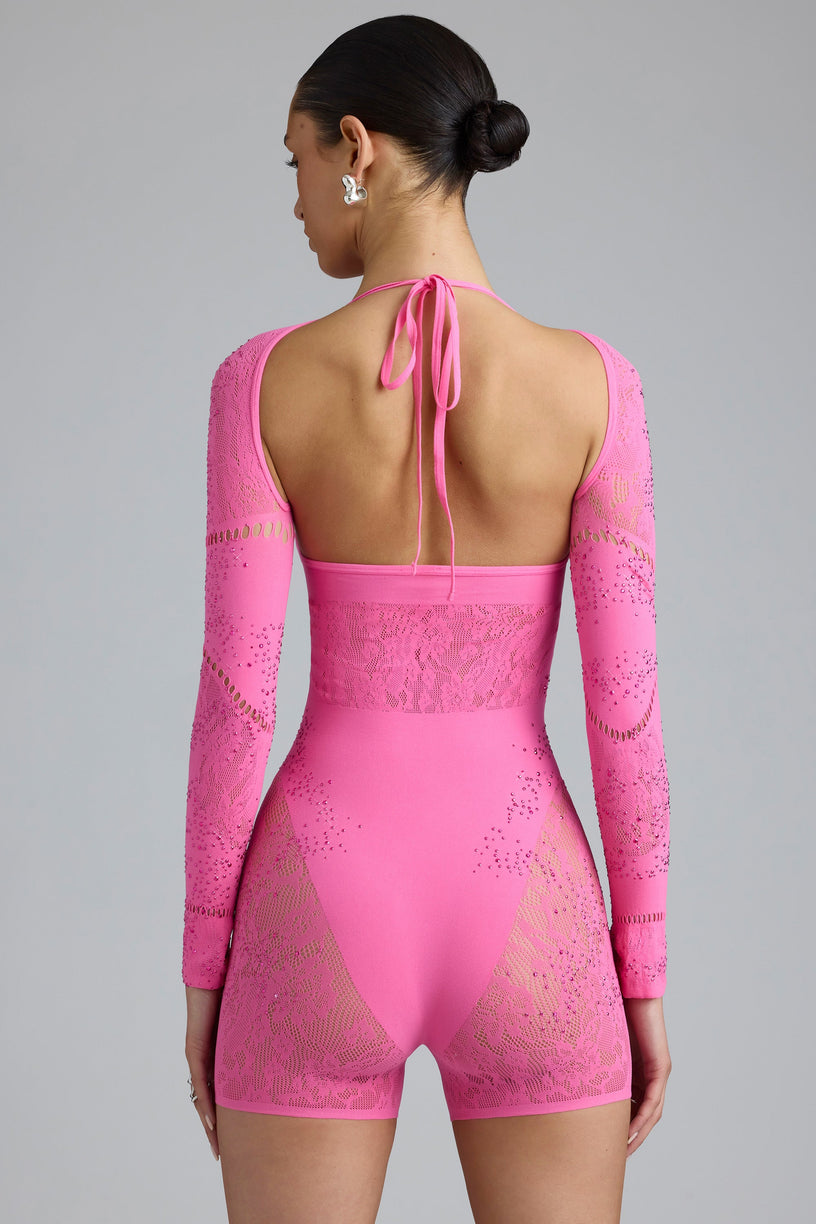 Embellished Cut-Out Unitard in Bubblegum Pink - 2