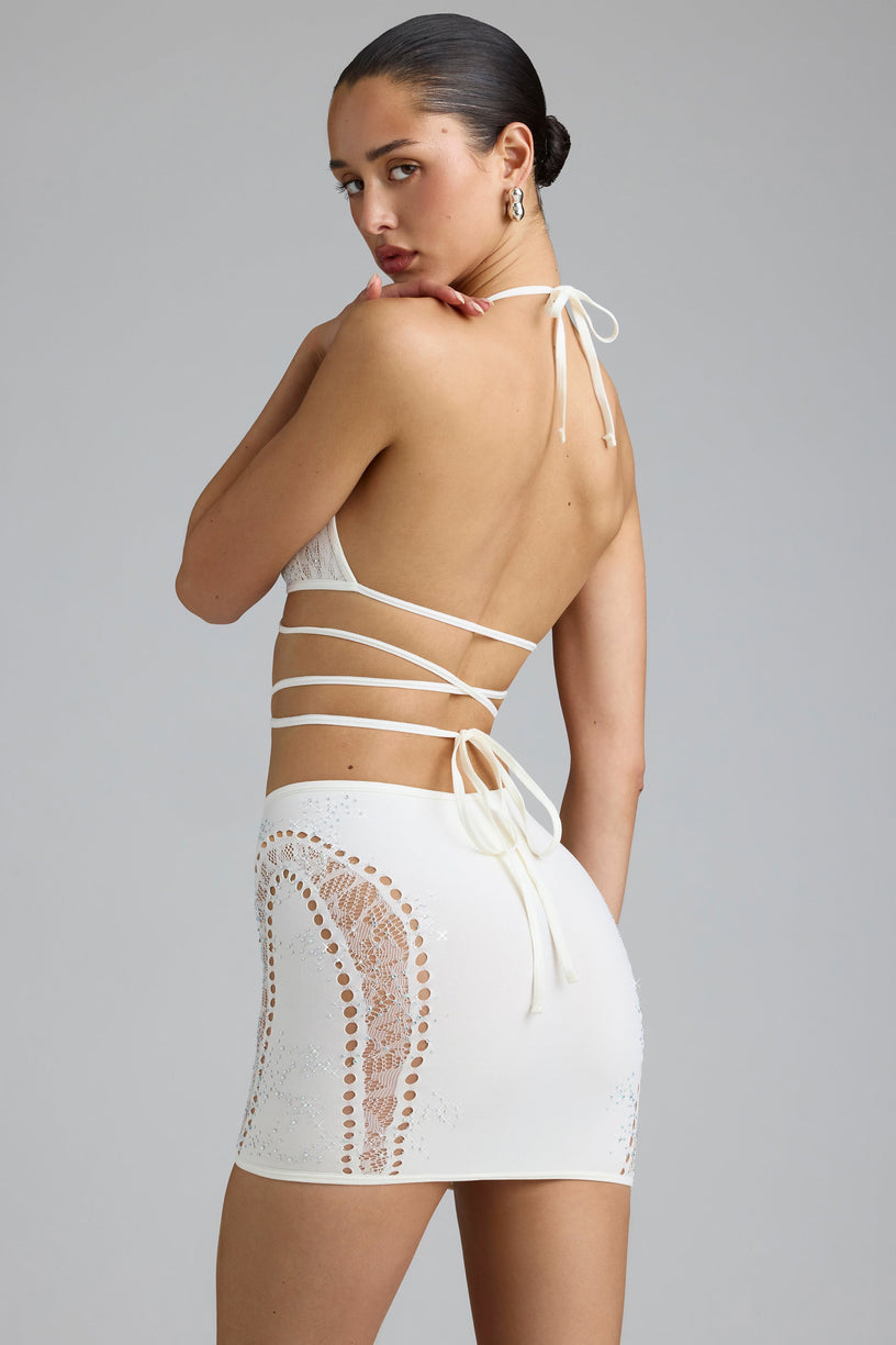 Embellished Cross-Strap Bikini Top in Ivory - 1