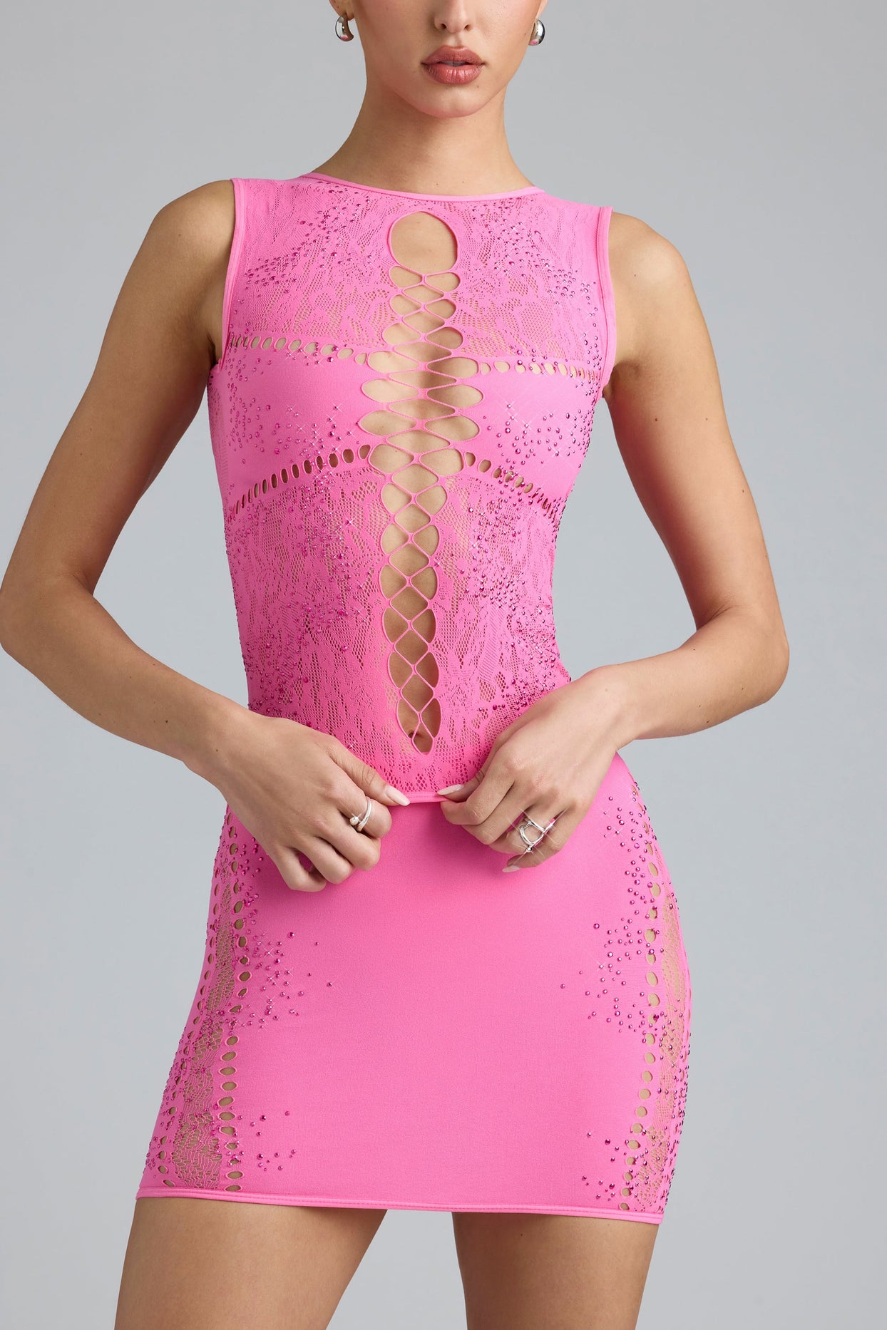 Embellished Lace-Up High-Neck Top in Bubblegum Pink