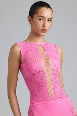 Embellished Lace-Up High-Neck Top in Bubblegum Pink