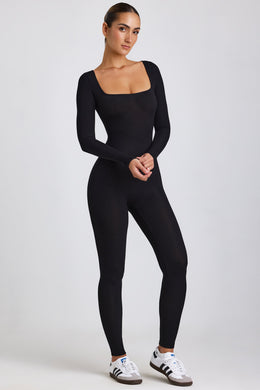Ribbed Modal Long Sleeve Jumpsuit in Black