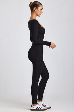 Ribbed Modal Long Sleeve Jumpsuit in Black