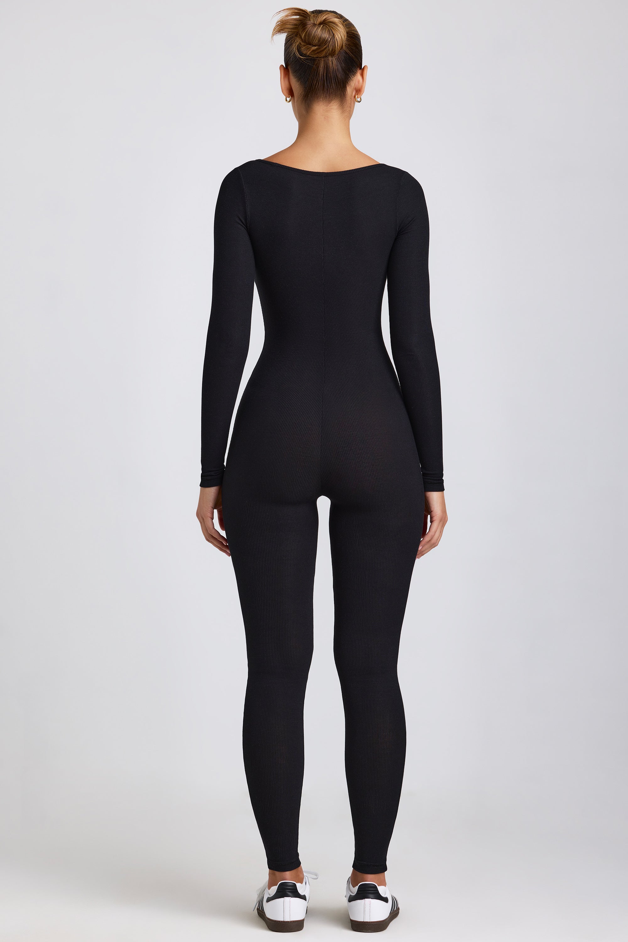 Iris Petite Ribbed Modal Long Sleeve Square Neck Jumpsuit in Black Oh Polly