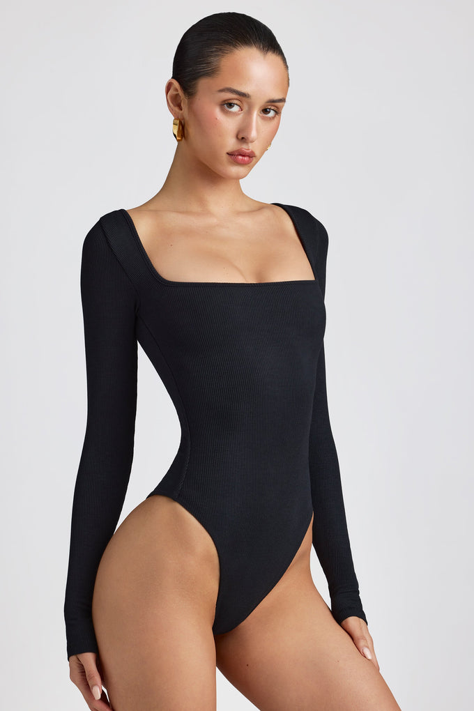 Nadia Long Sleeve Crew Neck Bodysuit - Black – Fem Curves