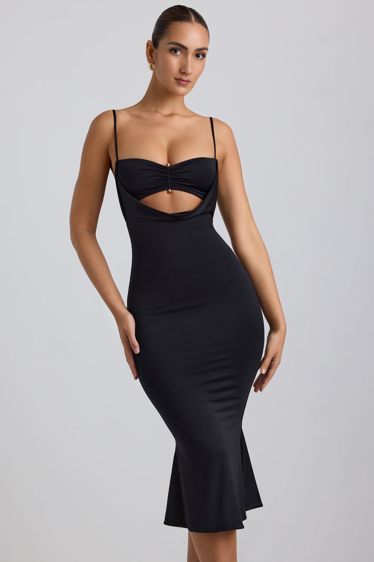 Slinky Jersey Ruched Cut-Out Midaxi Dress in Black