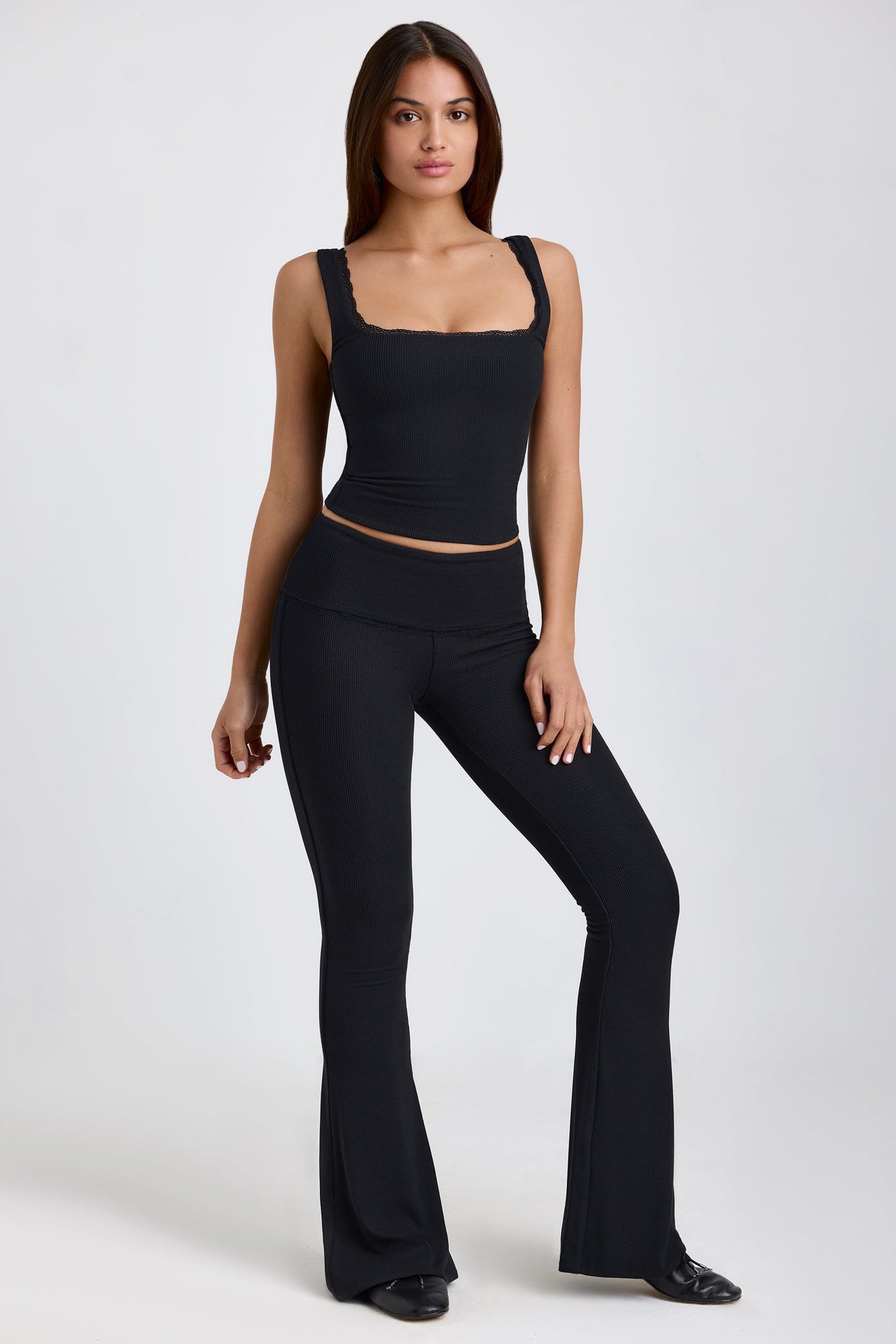 Petite Ribbed Modal Mid-Rise Foldover Flared Trousers in Black