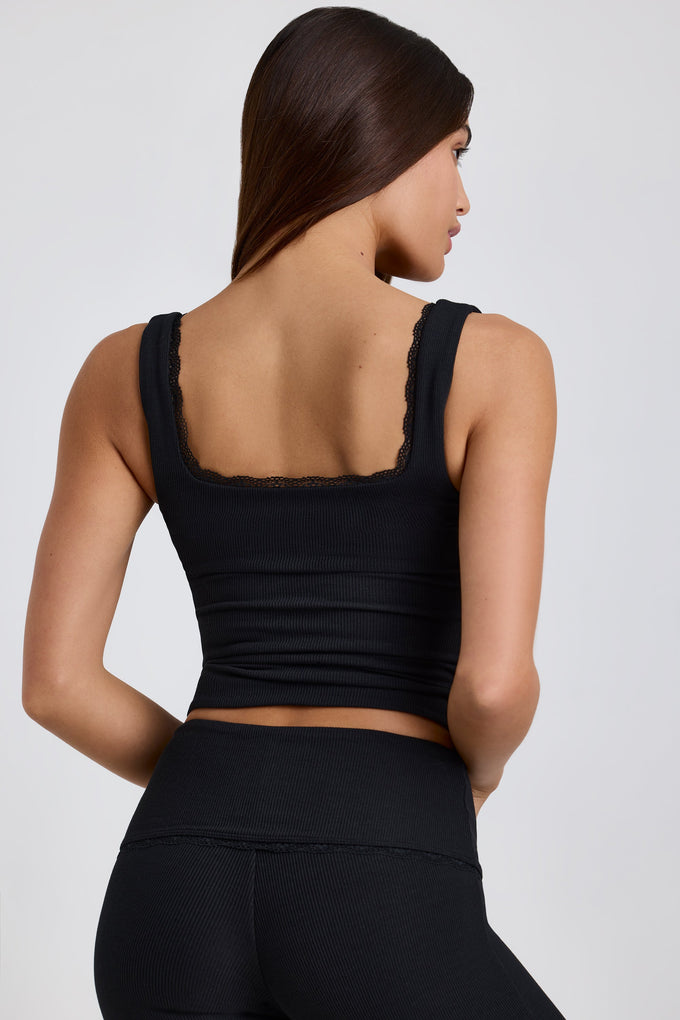 Ribbed Modal Lace-Trim Tank Top in Black