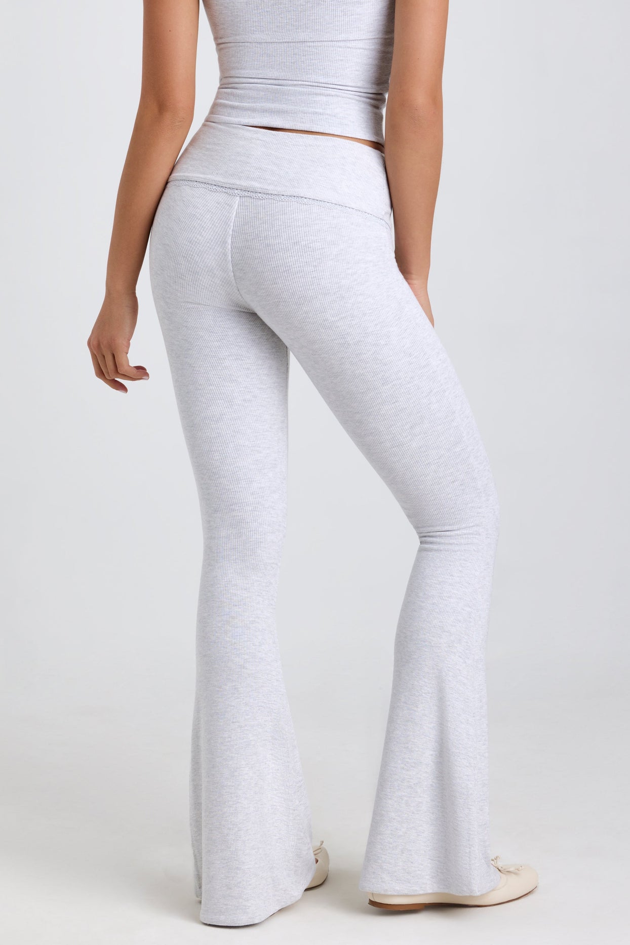 Petite Ribbed Modal Mid-Rise Foldover Flared Trousers in Grey