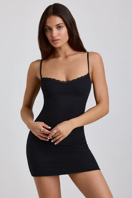 Ribbed Modal Lace-Trim Mini Dress in Black