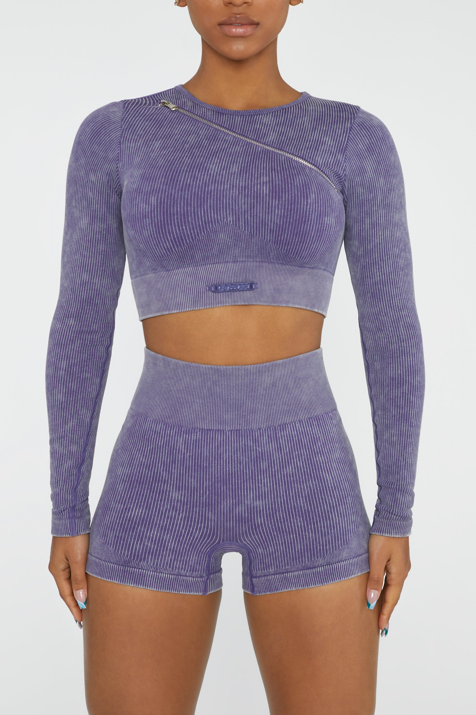 Long Sleeve High Neck Zip Crop Top in Violet