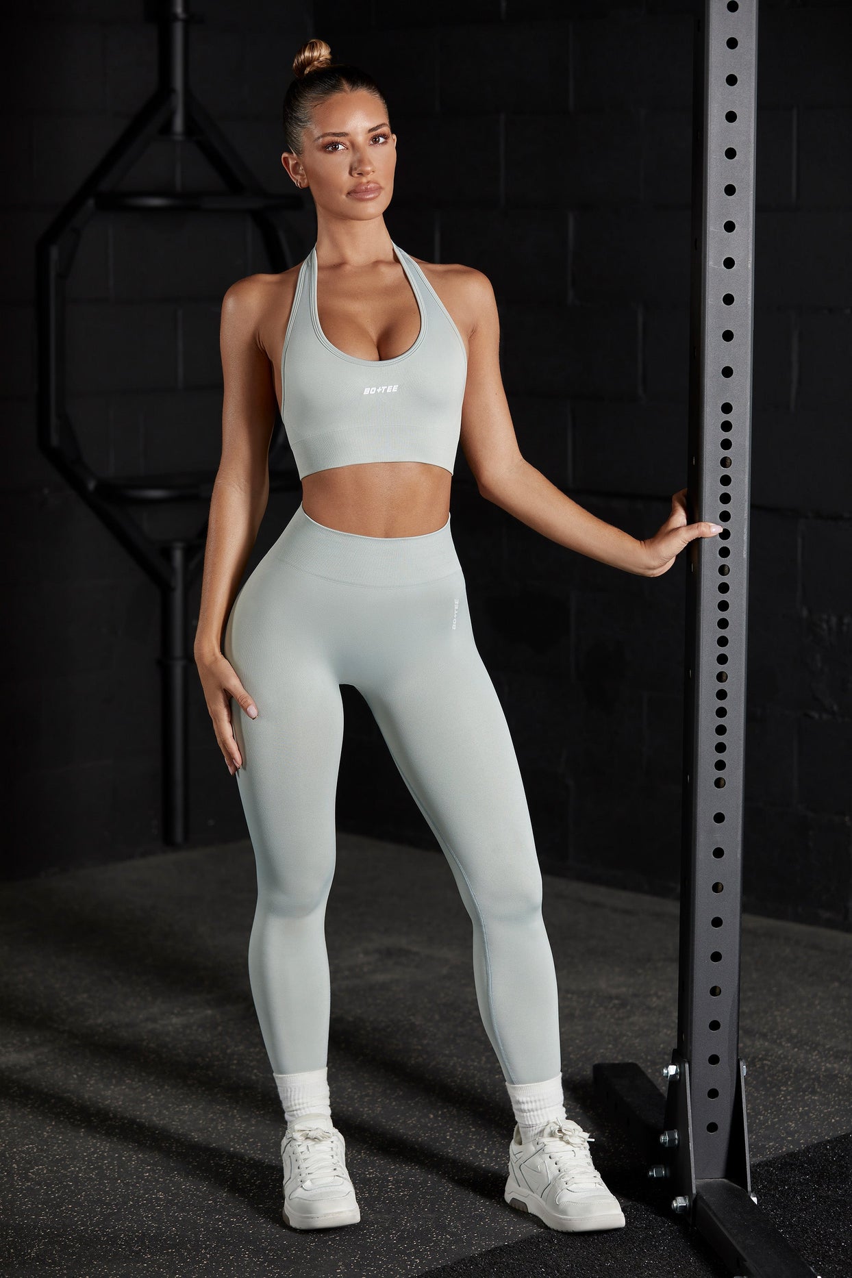 Front view of grey high waisted sports leggings