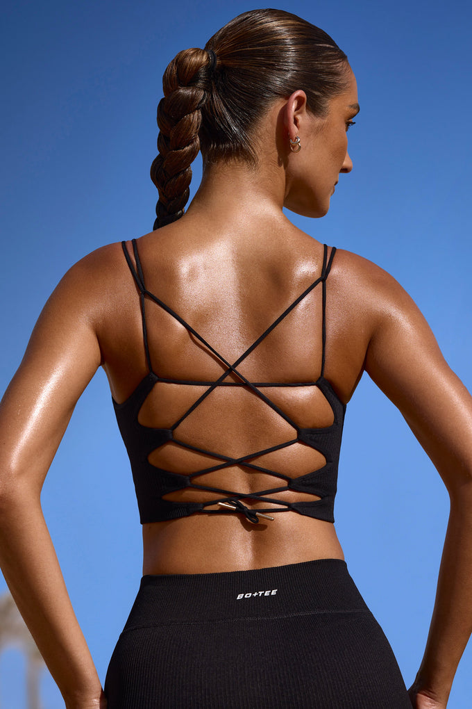 Plunge Neck Open Back FlexiRib Sports Bra in Black