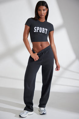 Wide Leg Embroidered Back Joggers in Black