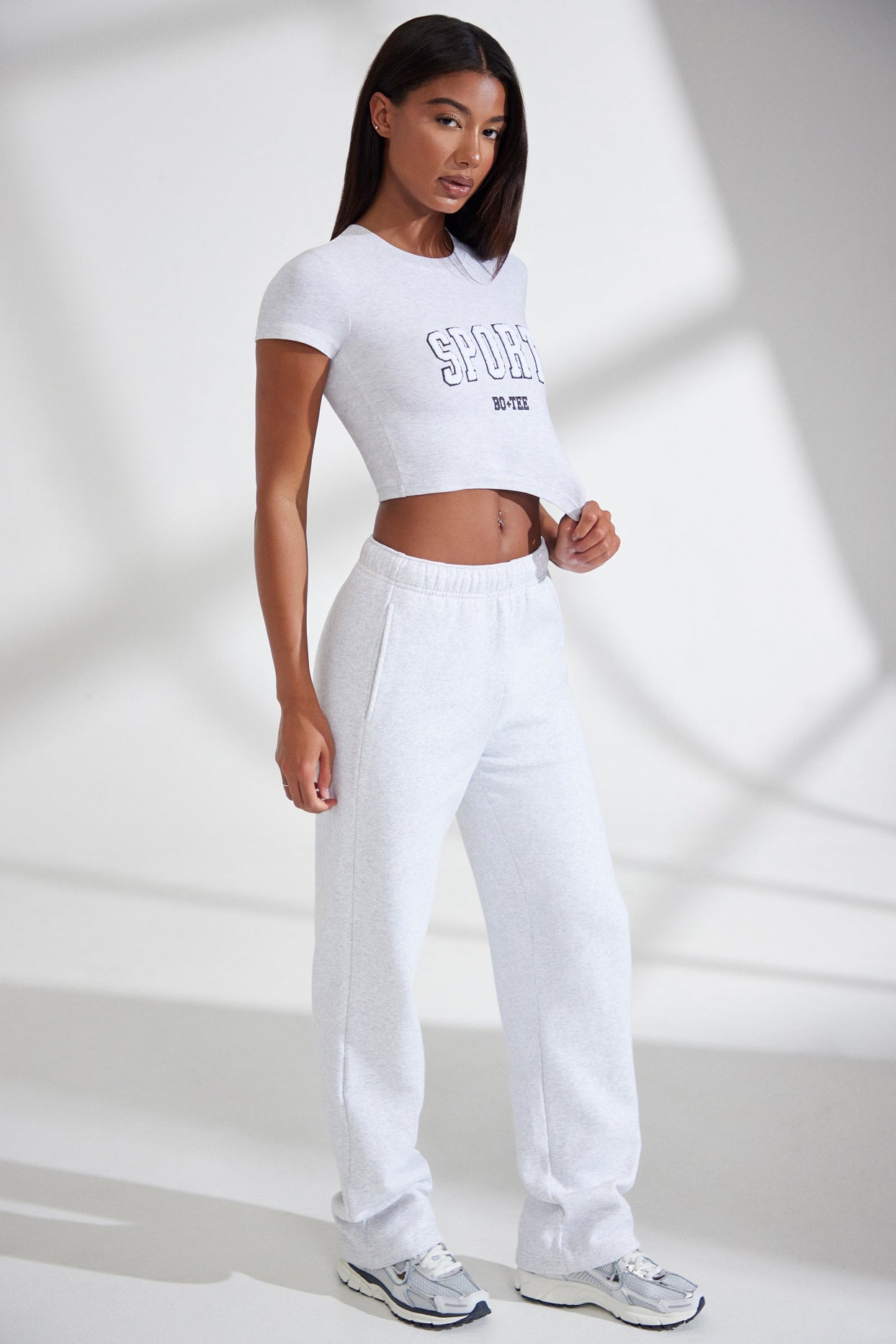 Petite Wide Leg Embroidered Back Joggers in Heather Grey