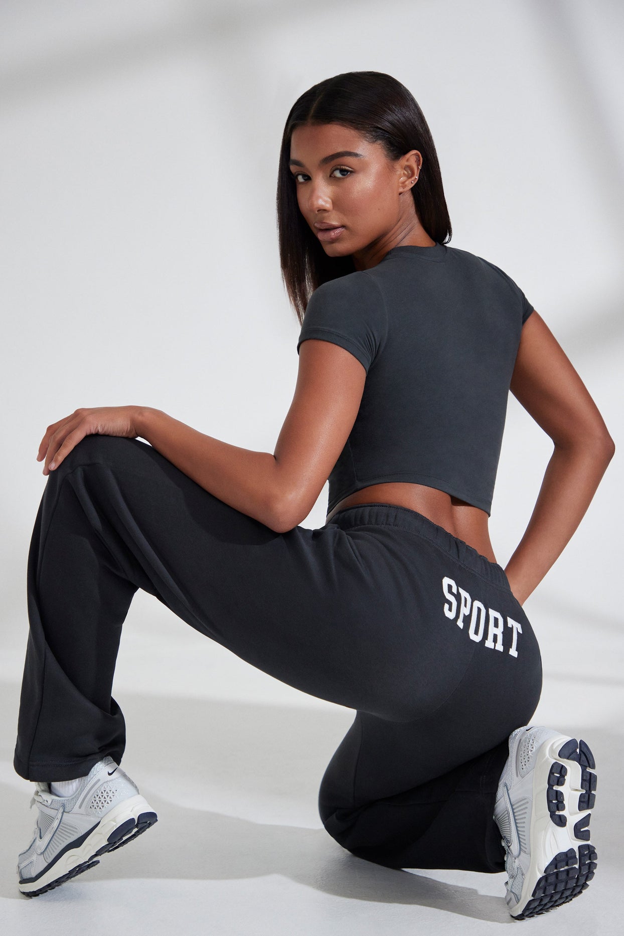 Wide Leg Embroidered Back Joggers in Black