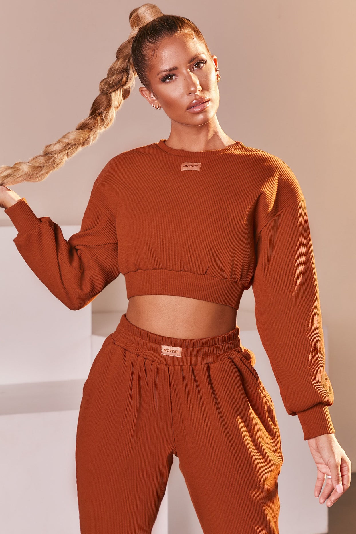 At Ease Ribbed Cropped Oversized Sweatshirt in Light Brown