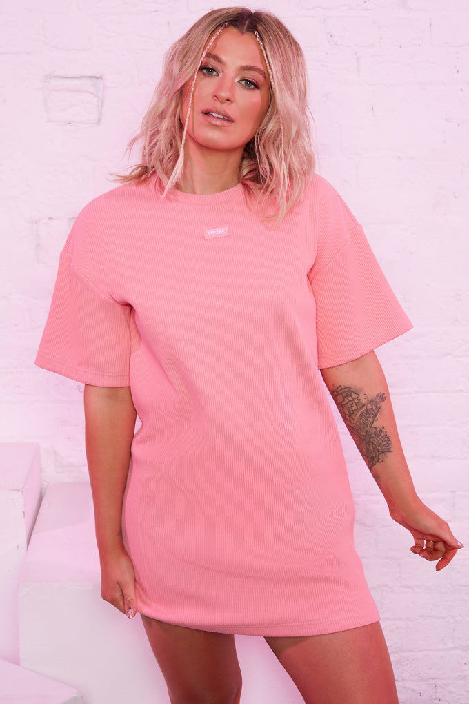 Take It Easy Ribbed Oversized T-Shirt in Coral