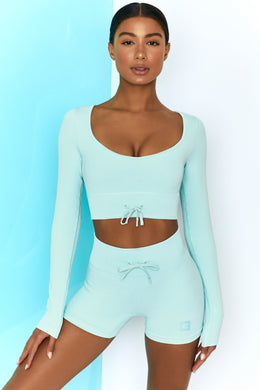 Time Check Ribbed Long Sleeve Crop Top in Light Blue
