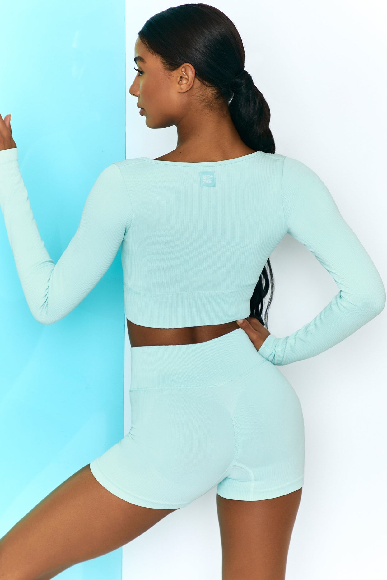 Time Check Ribbed Long Sleeve Crop Top in Light Blue