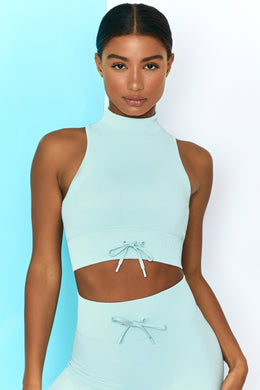 Miles Ahead Ribbed High Neck Crop Top in Light Blue