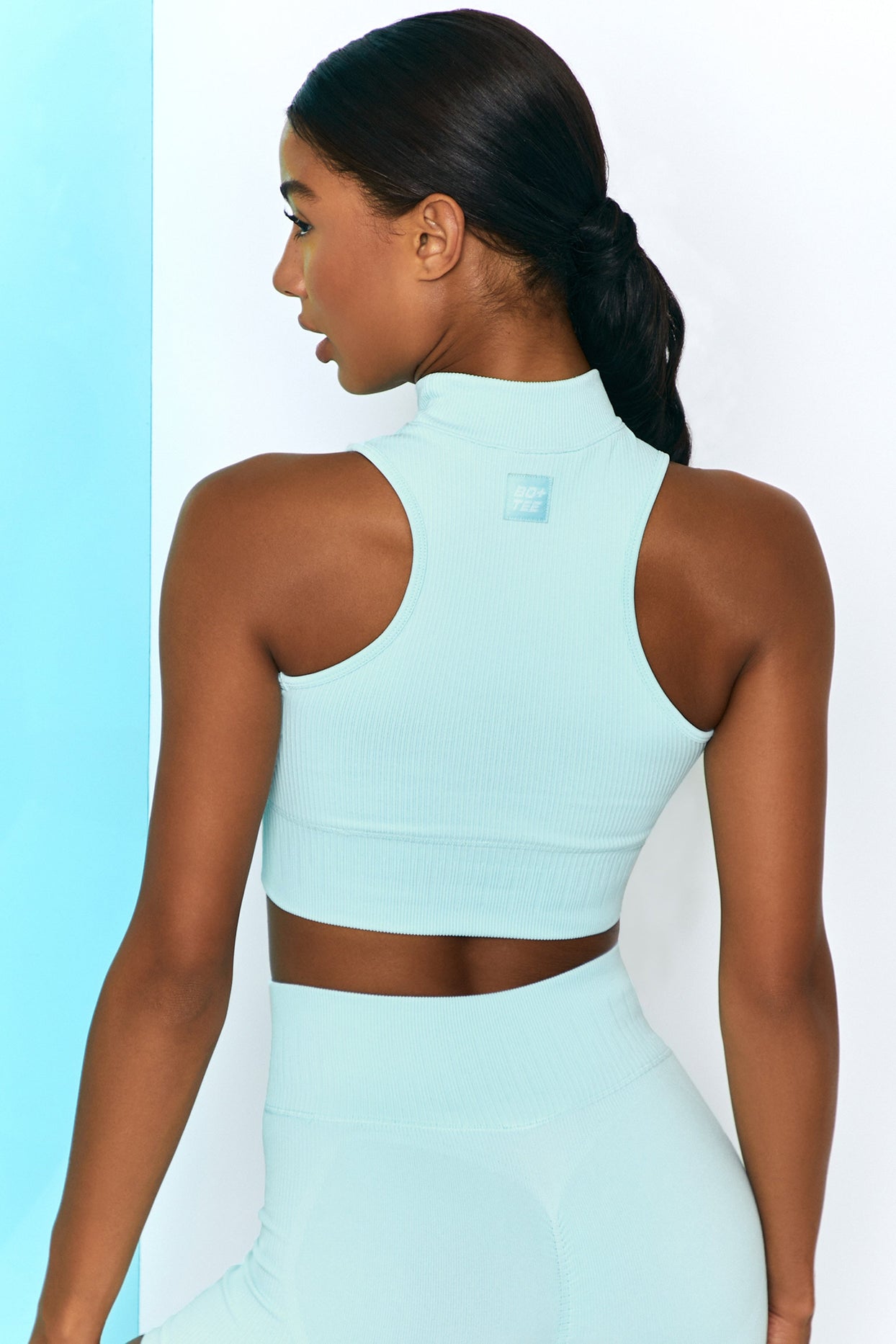 Miles Ahead Ribbed High Neck Crop Top in Light Blue