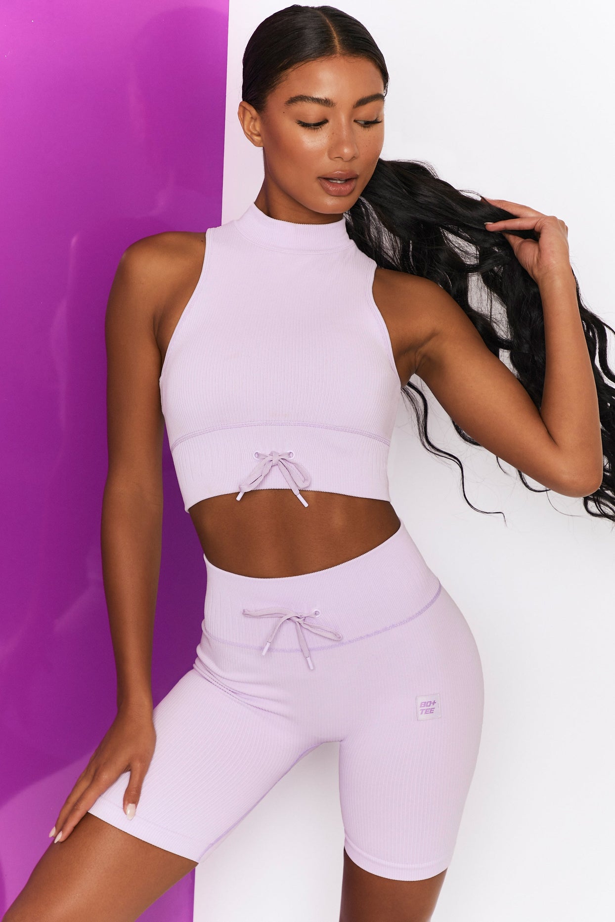Ribbed Tie Front Cycling Shorts in Lilac