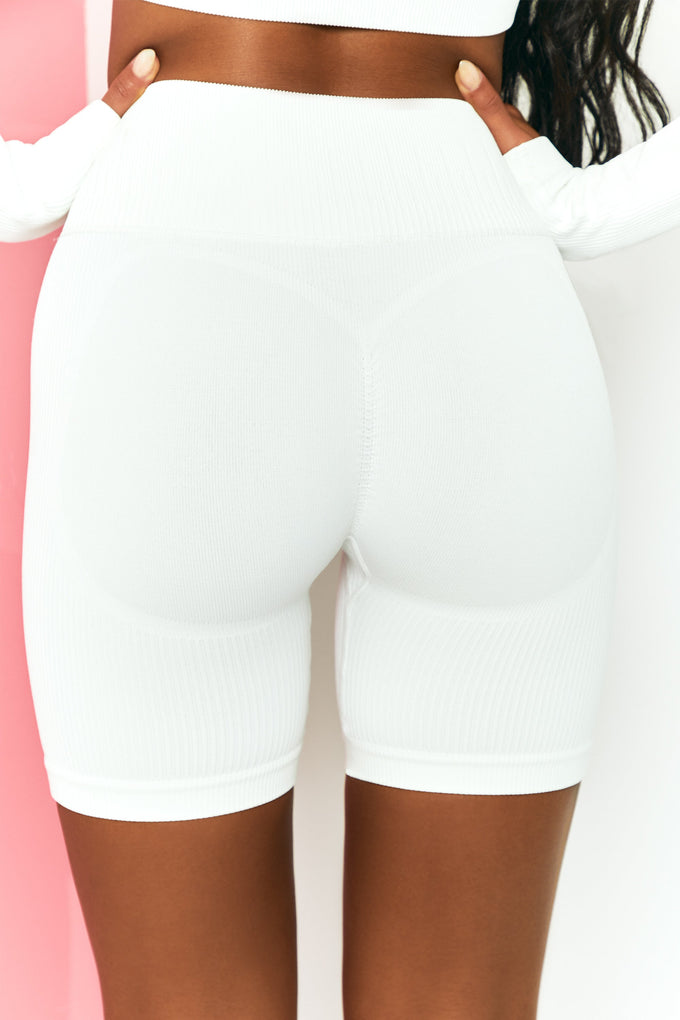 Ribbed Tie Front Cycling Shorts in White